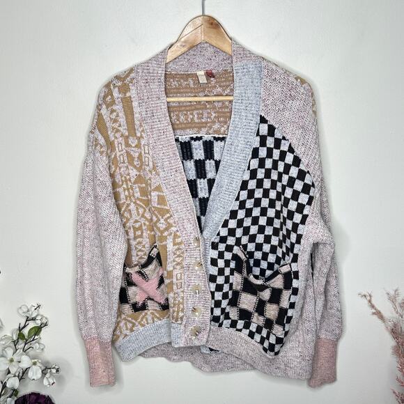 ANTHROPOLOGIE x PILCRO Mash-Up Cardigan Sweater Gray Tan Star Check Sz S {WW5} - Picture 4 of 7
